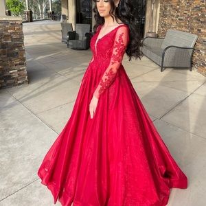 Red ballgown. Sleeves and appliqués added size xs